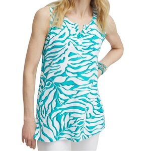 Chico's Women’s Palms Notch Neck Tank Teal White‎ Sleeveless Pima Cotton XXL 20